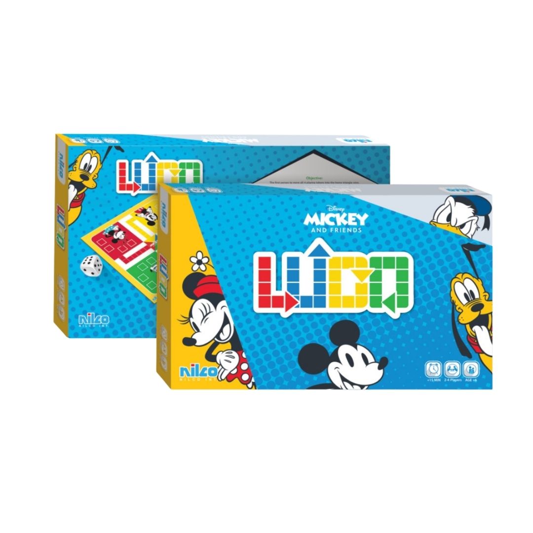 Official Nilco Disney Ludo board game box featuring Mickey Mouse and Friends with a vibrant multicolor game board and high-quality character-themed illustrations.