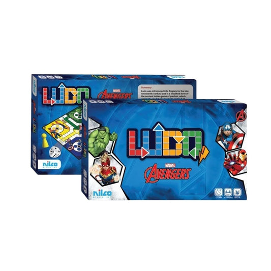 Official Nilco Marvel Avengers Ludo board game featuring a vibrant multicolor board with Iron Man, Captain America, Thor, and Hulk illustrations and matching character-themed tokens.