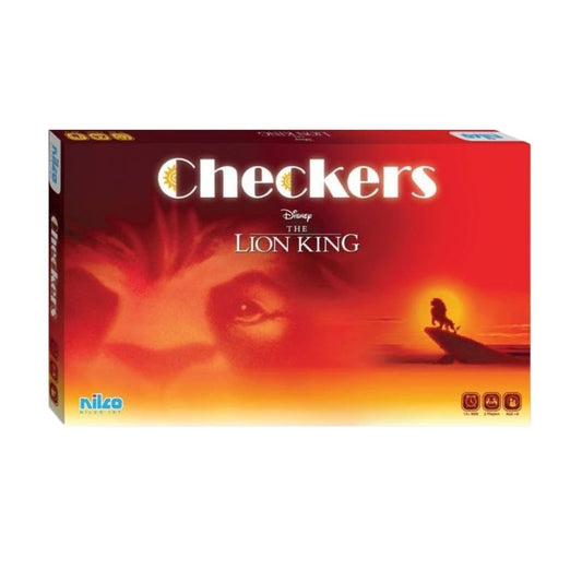 Official Nilco Disney The Lion King checkers board game featuring a vibrant multicolor board with Simba, Nala, Timon, and Pumbaa illustrations and matching character-themed playing pieces.
