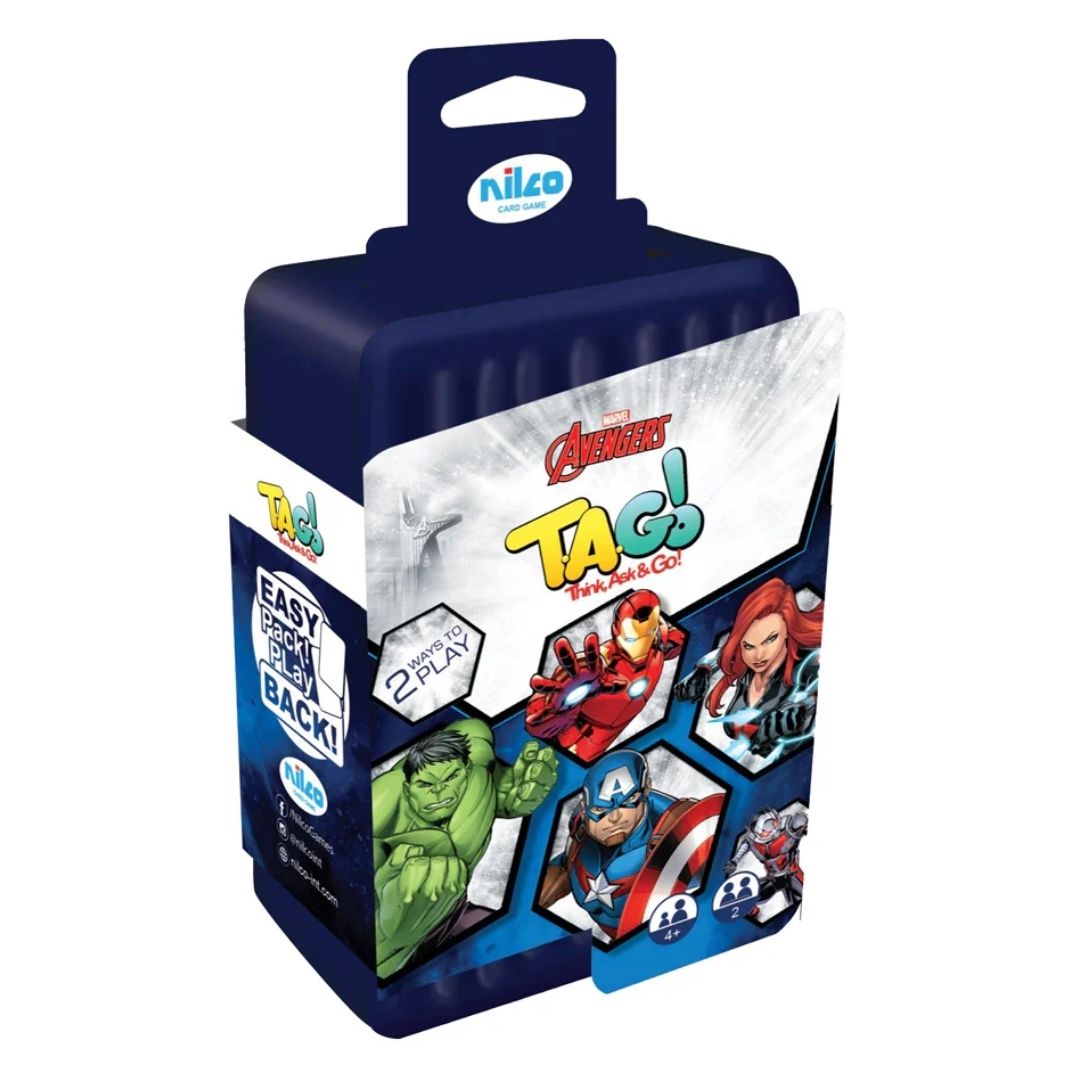 Official Nilco Disney Tago Avengers board game box featuring Iron Man, Captain America, and the Hulk with high-action Marvel graphics and a multicolor game board.