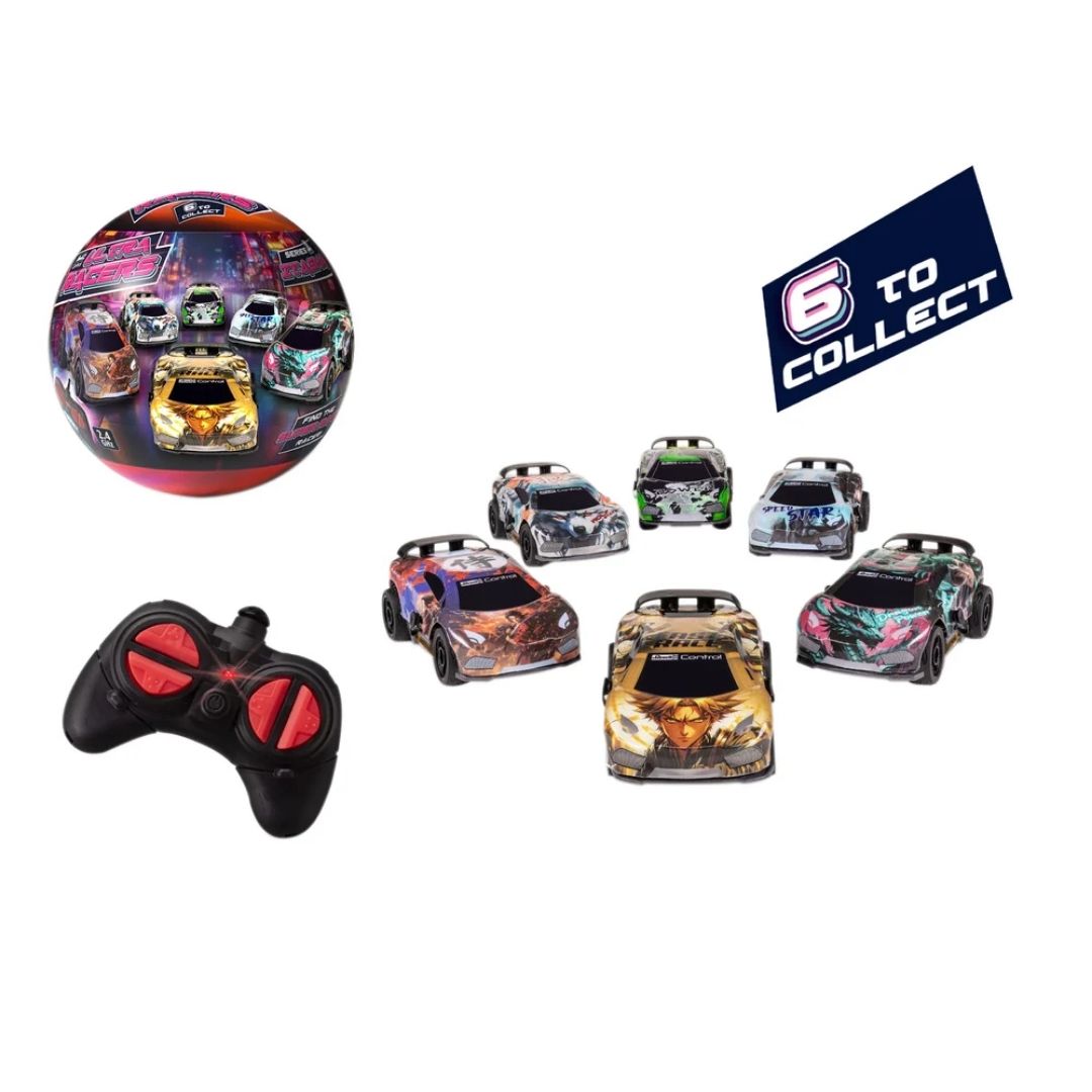 Revell Ultra Racers Series 1 surprise packaging featuring a mystery Itasha-style R/C car with colorful anime-inspired graphics and a compact 2.4 GHz remote control.
