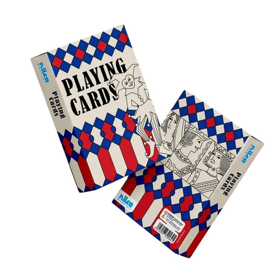Two decks of premium Nilco playing cards in high-contrast red and blue tuck boxes, featuring elegant professional branding and a high-gloss protective finish.