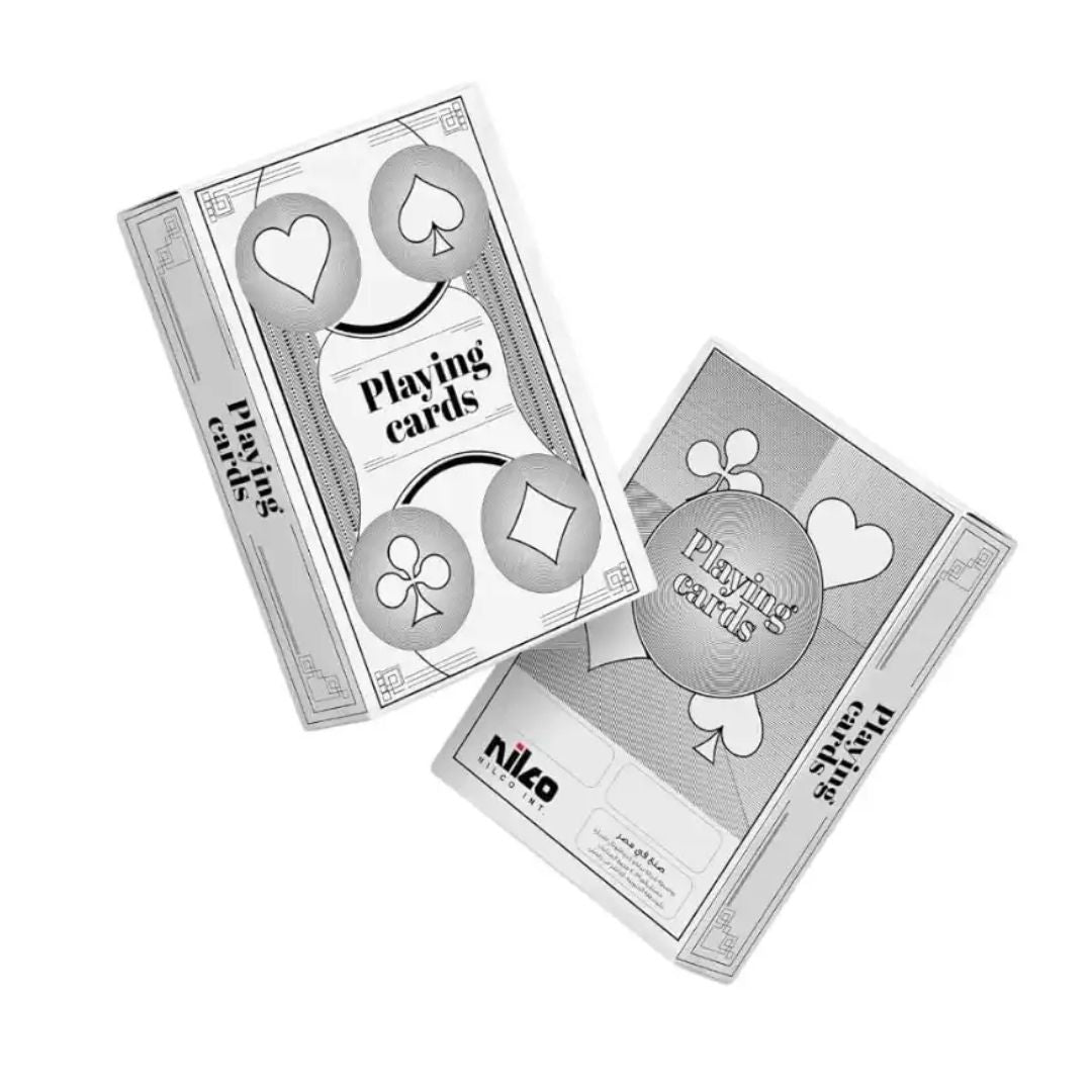 Premium Nilco playing cards deck in a sleek black and white tuck box, featuring high-contrast geometric branding and a professional-grade smooth protective finish.