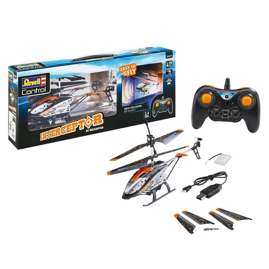 Professional Revell Interceptor R/C helicopter in a sleek multicolor finish, featuring integrated forward-facing anti-collision sensors and a 2.4 GHz digital remote control.