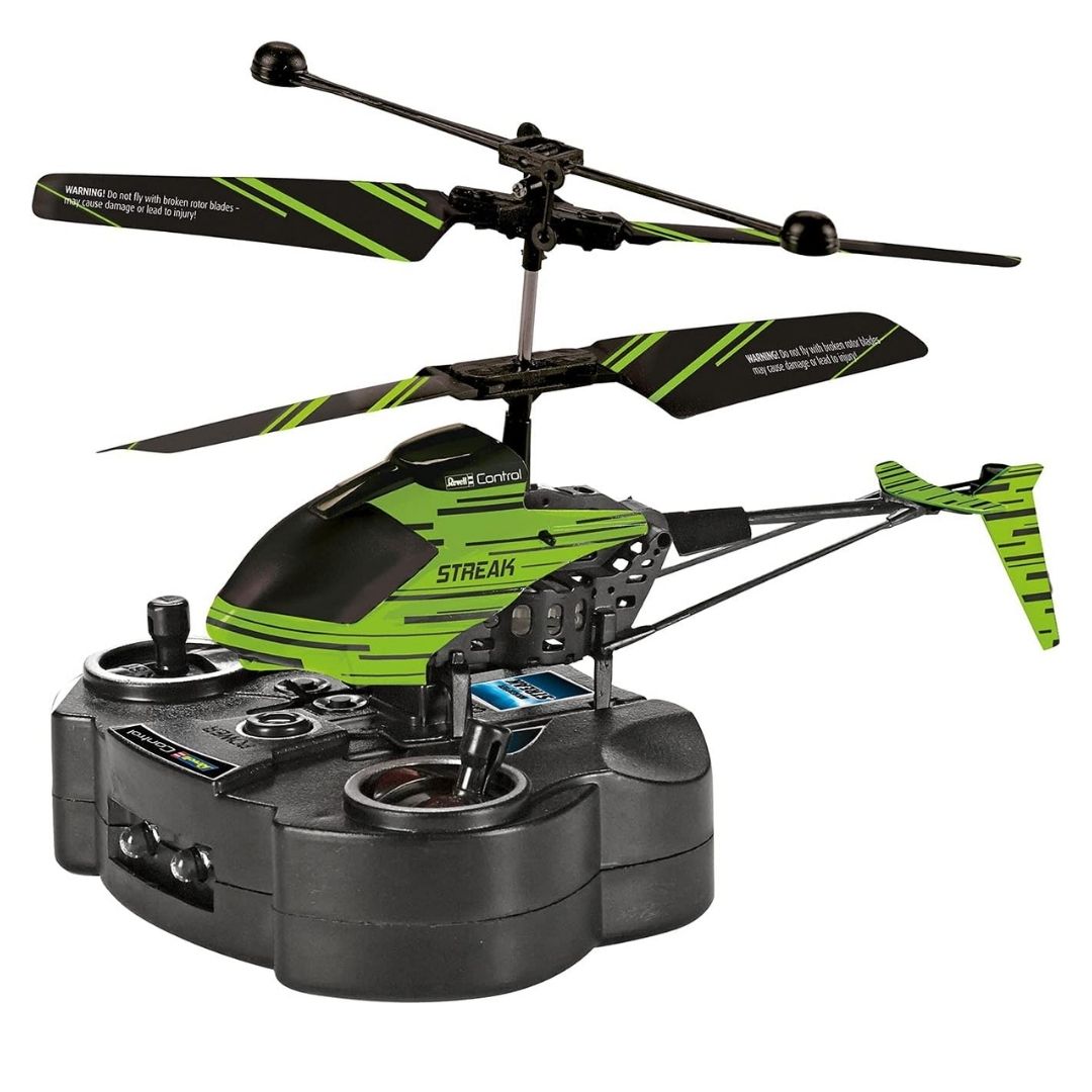 High-performance Revell Streak RC helicopter featuring a sleek multicolor design with glow-in-the-dark accents, dual coaxial rotors, and a 2.4 GHz remote control.
