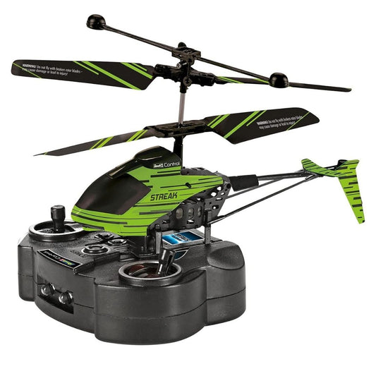 High-performance Revell Streak RC helicopter featuring a sleek multicolor design with glow-in-the-dark accents, dual coaxial rotors, and a 2.4 GHz remote control.