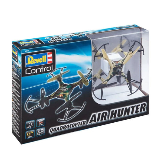 Revell Air Hunter R/C Quadrocopter in a striking multicolor finish, featuring four protected rotors, integrated LED flight lights, and a professional 2.4 GHz digital transmitter.