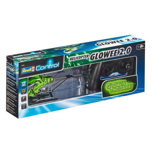 High-performance Revell Glowee 2.0 RC helicopter in a multicolor glow-in-the-dark finish, featuring a coaxial rotor system, integrated LED lights, and a 2.4 GHz remote control.