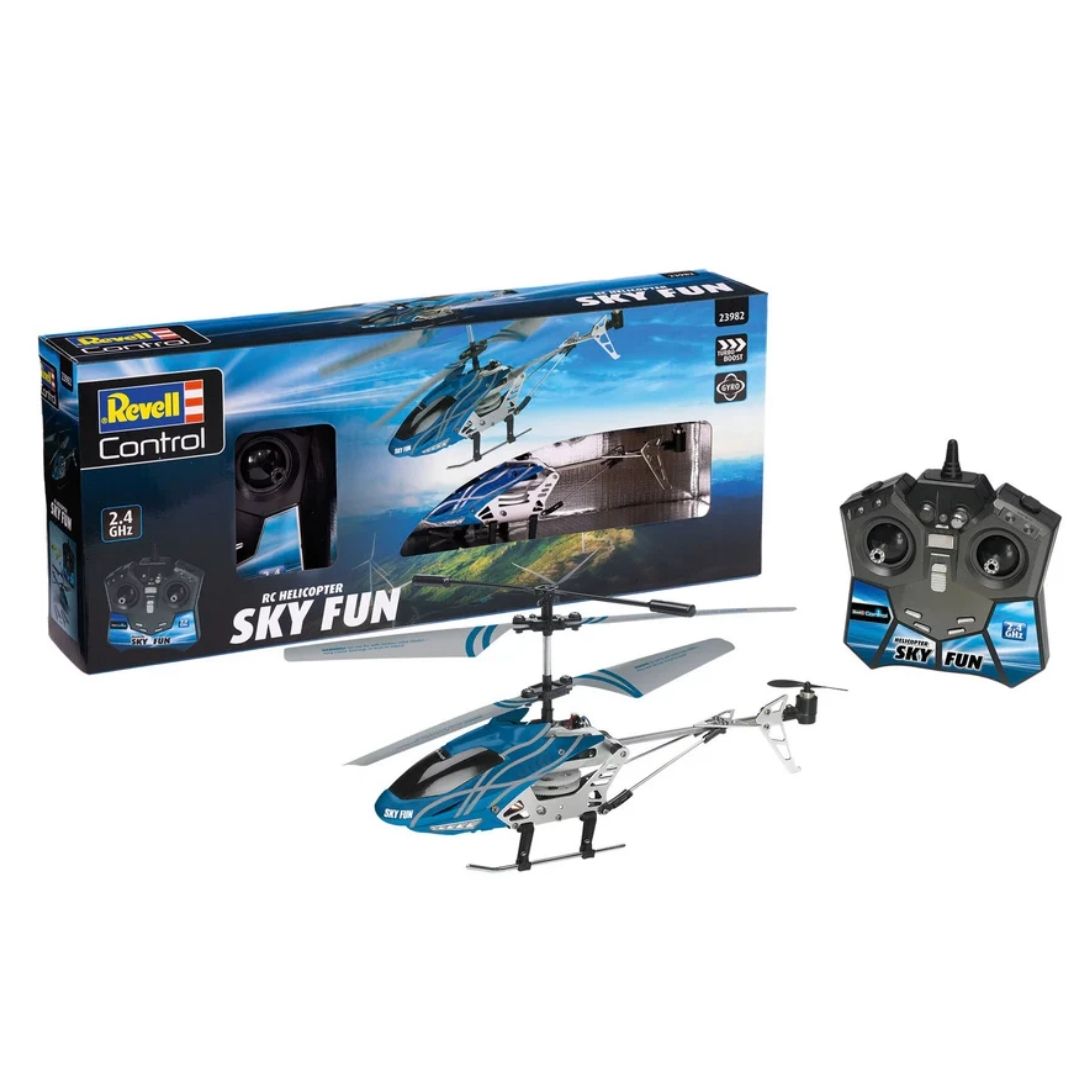 Sleek Revell Sky Fun RC helicopter in a vibrant multicolor finish, featuring a high-tech coaxial rotor system, integrated LED flight lights, and a professional 3-channel 2.4 GHz remote control.