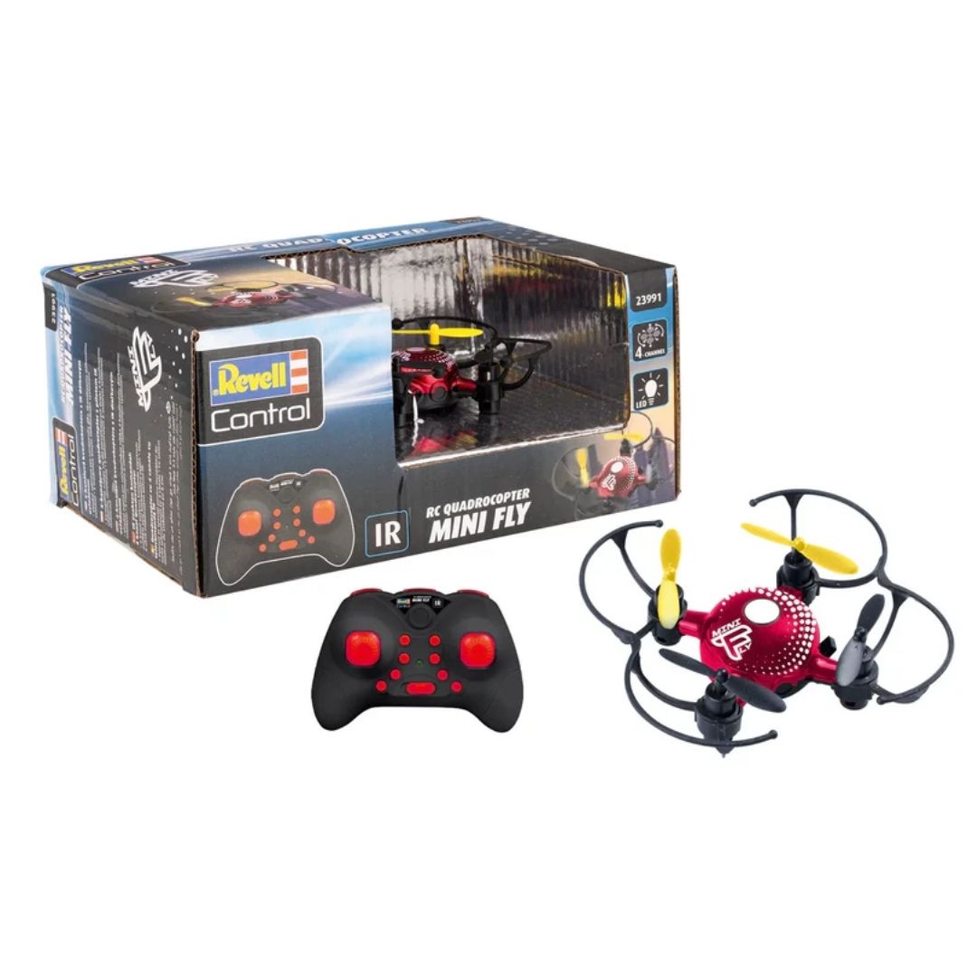 Compact Revell RC Mini Drone Fly in a vibrant multicolor finish, featuring four protected high-speed rotors, integrated LED flight indicators, and a professional 2.4 GHz digital remote control.
