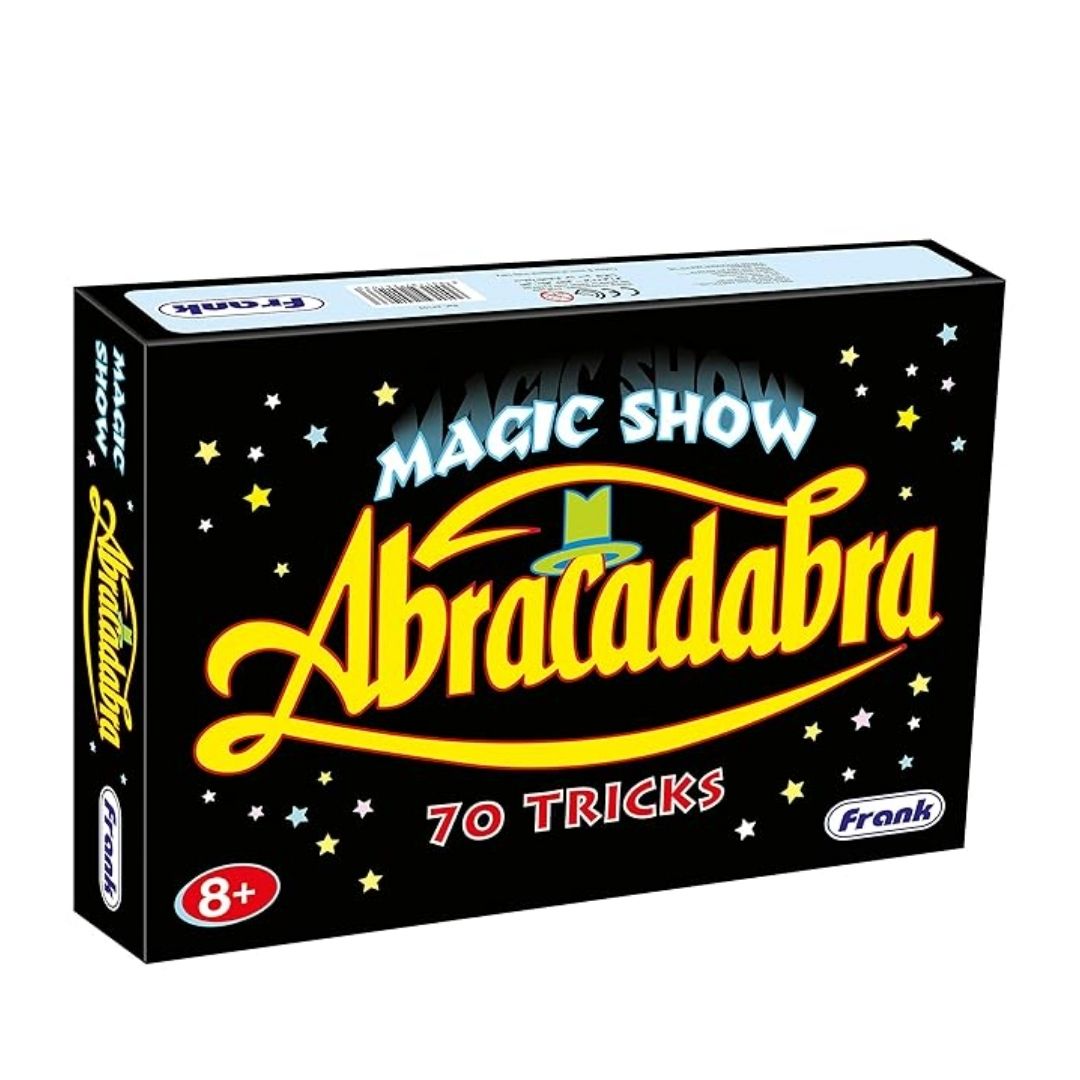 Vibrant multicolor Abracadabra Magic Set box by Frank Educational Aids, featuring various magic props like specialized cards, cups, and wands for performing classic illusions.
