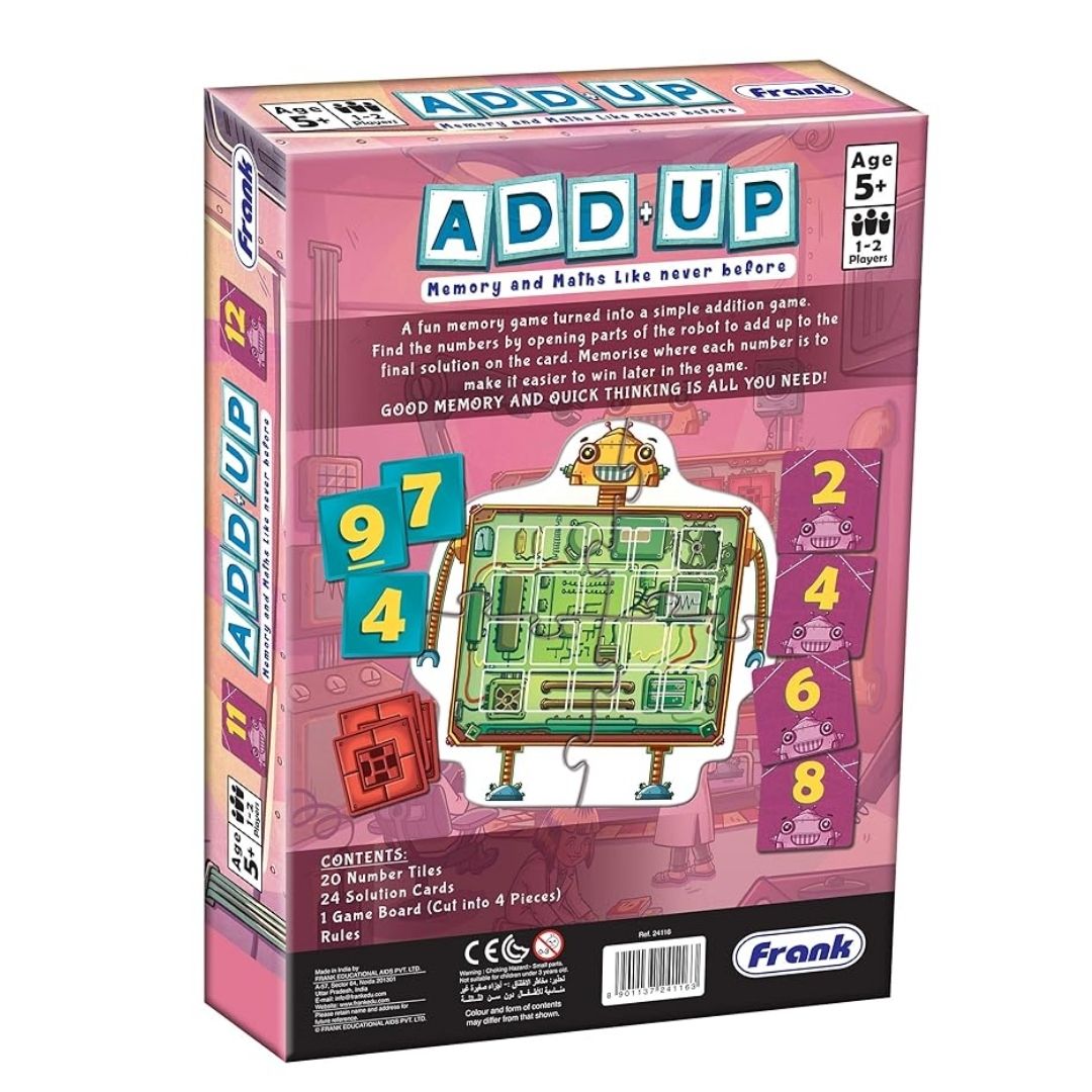 Vibrant multicolor Add Up New 2020 Edition board game box by Frank Educational Aids, featuring high-quality numbered tiles, a colorful game board, and clear instructional guides for early math learners.