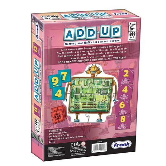 Vibrant multicolor Add Up New 2020 Edition board game box by Frank Educational Aids, featuring high-quality numbered tiles, a colorful game board, and clear instructional guides for early math learners.