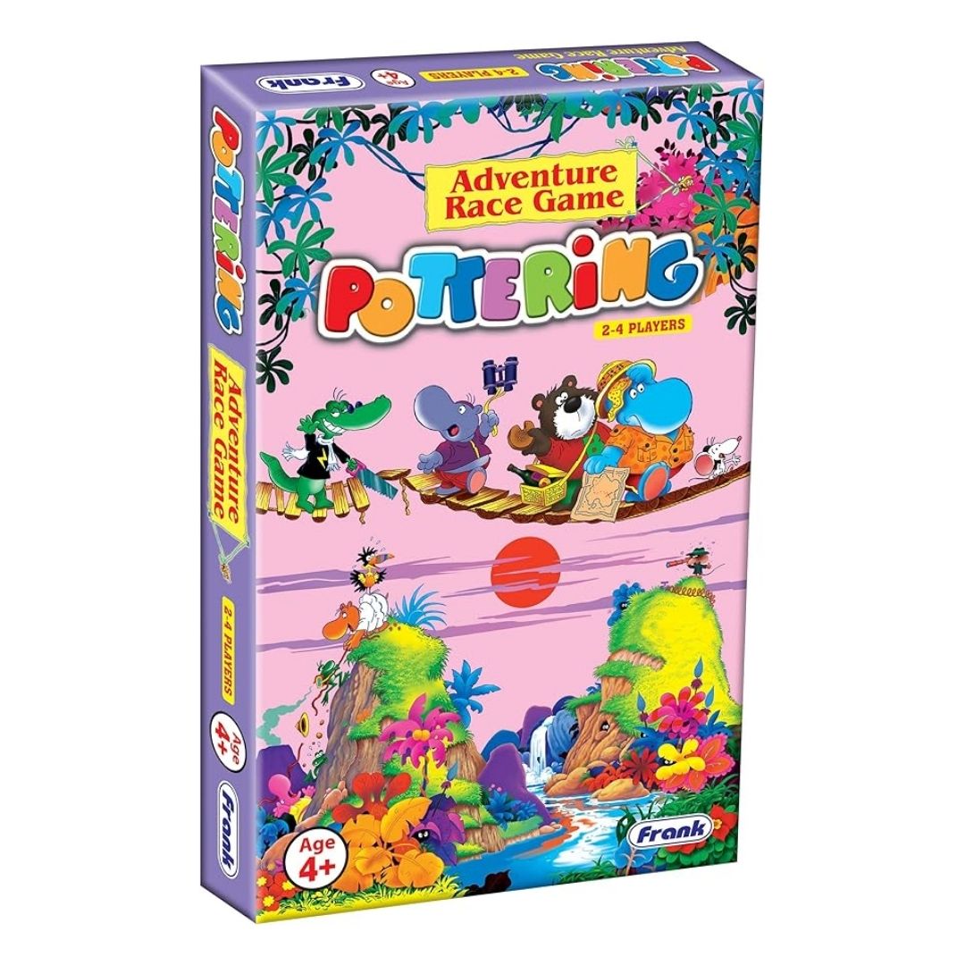 Vibrant multicolor Pottering New 2020 Edition board game box by Frank Educational Aids, featuring a high-quality illustrated game board, durable playing pieces, and clear instructional guides for children.