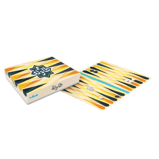 Nilco Tawla Showbox game packaging featuring the classic triangular backgammon board design, high-contrast playing checkers, and vibrant multicolor branding.