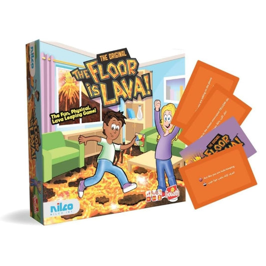 Nilco Floor is Lava game box featuring vibrant molten lava graphics, colorful "safety stone" floor tiles, and high-action illustrations of kids jumping to safety.