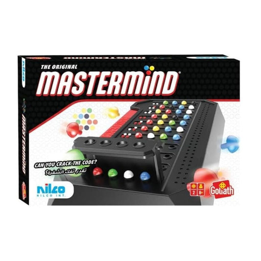 Nilco Mastermind board game box featuring a vibrant multicolor code-breaking board, colorful plastic pegs, and high-contrast logic-themed graphics.