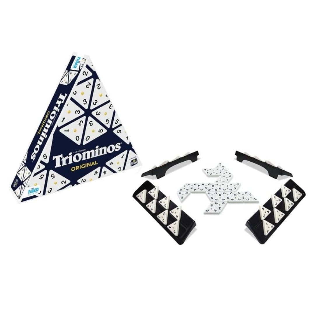 Nilco Triominos board game box showing vibrant triangular tiles with high-contrast numbers and a multicolor strategy-themed background.