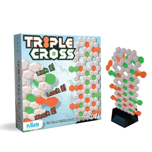 Nilco Triple Cross game set featuring a vertical multicolor playing grid with high-contrast playing pieces and a sleek, modern strategy-themed box.