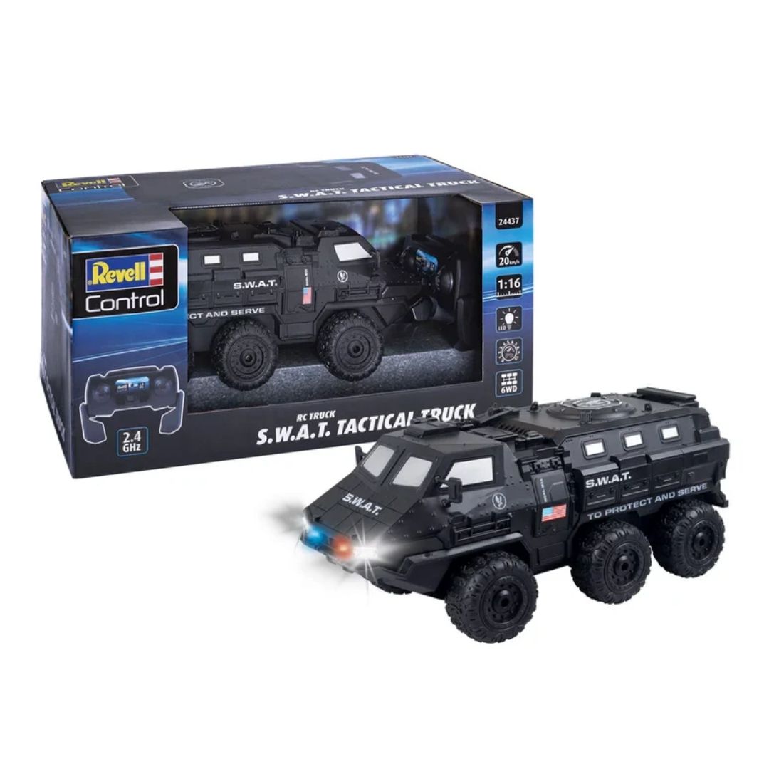 Detailed 1:16 scale Revell SWAT Tactical Truck in a sleek black and multicolor police livery, featuring large off-road tires, a reinforced chassis, and a professional 2.4 GHz pistol-grip transmitter.