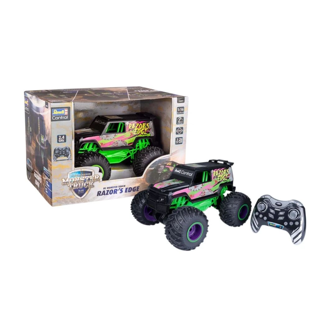 High-profile Revell Razor Edge RC monster truck in a vibrant multicolor design, featuring massive oversized tires, high-clearance suspension, and a professional 2.4 GHz pistol-grip transmitter.