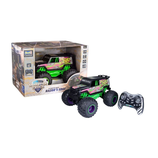 High-profile Revell Razor Edge RC monster truck in a vibrant multicolor design, featuring massive oversized tires, high-clearance suspension, and a professional 2.4 GHz pistol-grip transmitter.
