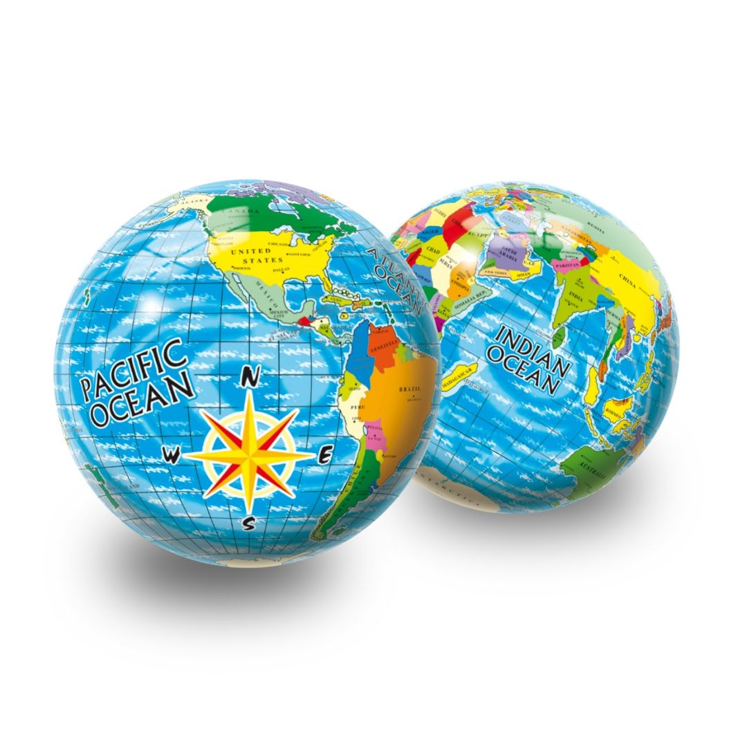 Unice 230mm inflatable beach ball featuring colorful assorted character prints, classic panel design, and safety valve.
