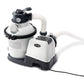 Intex Sand Filter Pump featuring a white cylindrical sand tank, a black 6-way valve, and a heavy-duty motor base with a transparent pressure gauge.