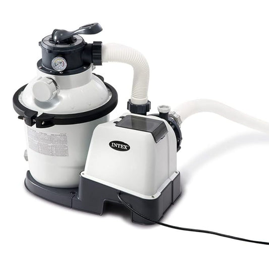 Intex Sand Filter Pump featuring a white cylindrical sand tank, a black 6-way valve, and a heavy-duty motor base with a transparent pressure gauge.