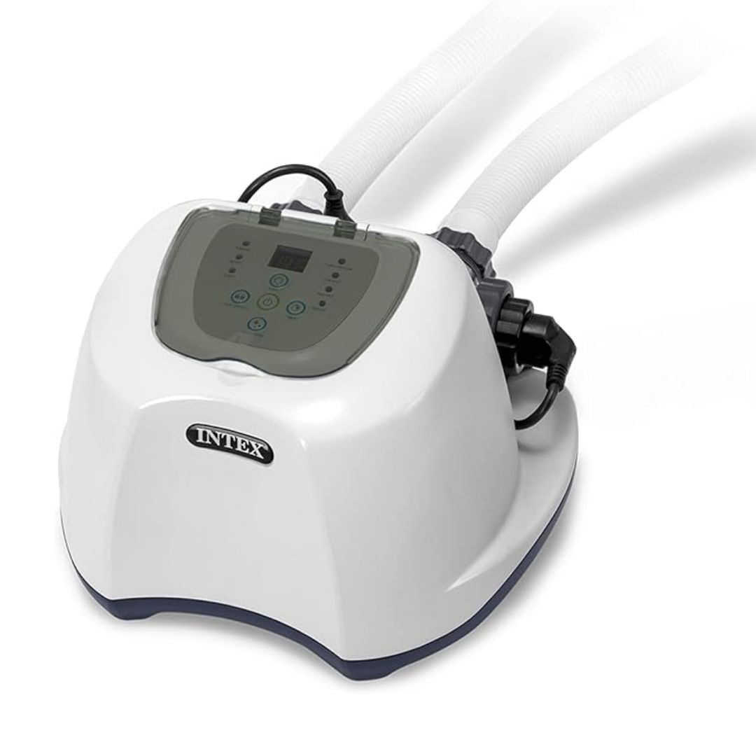 Intex Krystal Clear Saltwater System featuring a sleek white and gray control unit with a digital display and transparent connection hoses for pool filtration.