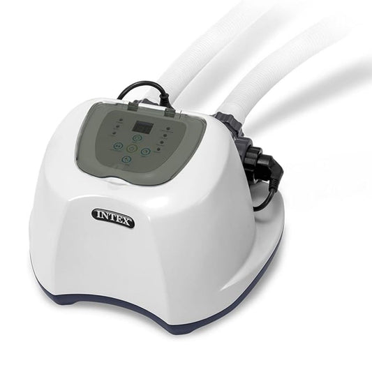 Intex Krystal Clear Saltwater System featuring a sleek white and gray control unit with a digital display and transparent connection hoses for pool filtration.