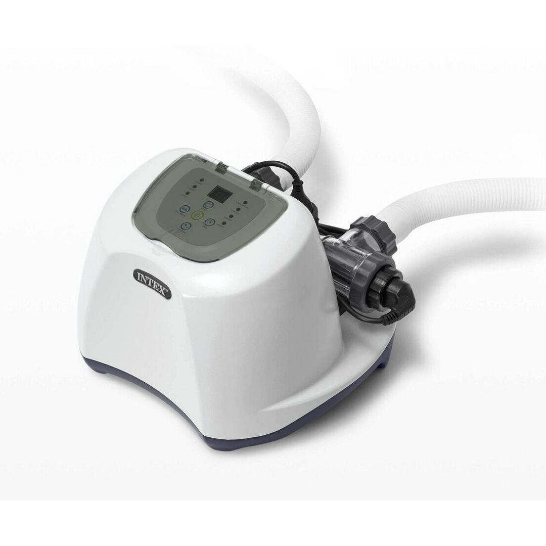 Intex Krystal Clear Saltwater System featuring a compact white and gray control base with a digital interface and white "manual" connection hoses.