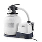 Intex 2-in-1 system featuring a large white sand filter tank, a black 6-way valve, and an integrated saltwater system unit with clear "manual" connection hoses.