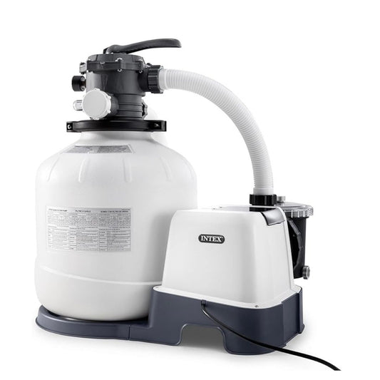 Intex 2-in-1 system featuring a large white sand filter tank, a black 6-way valve, and an integrated saltwater system unit with clear "manual" connection hoses.