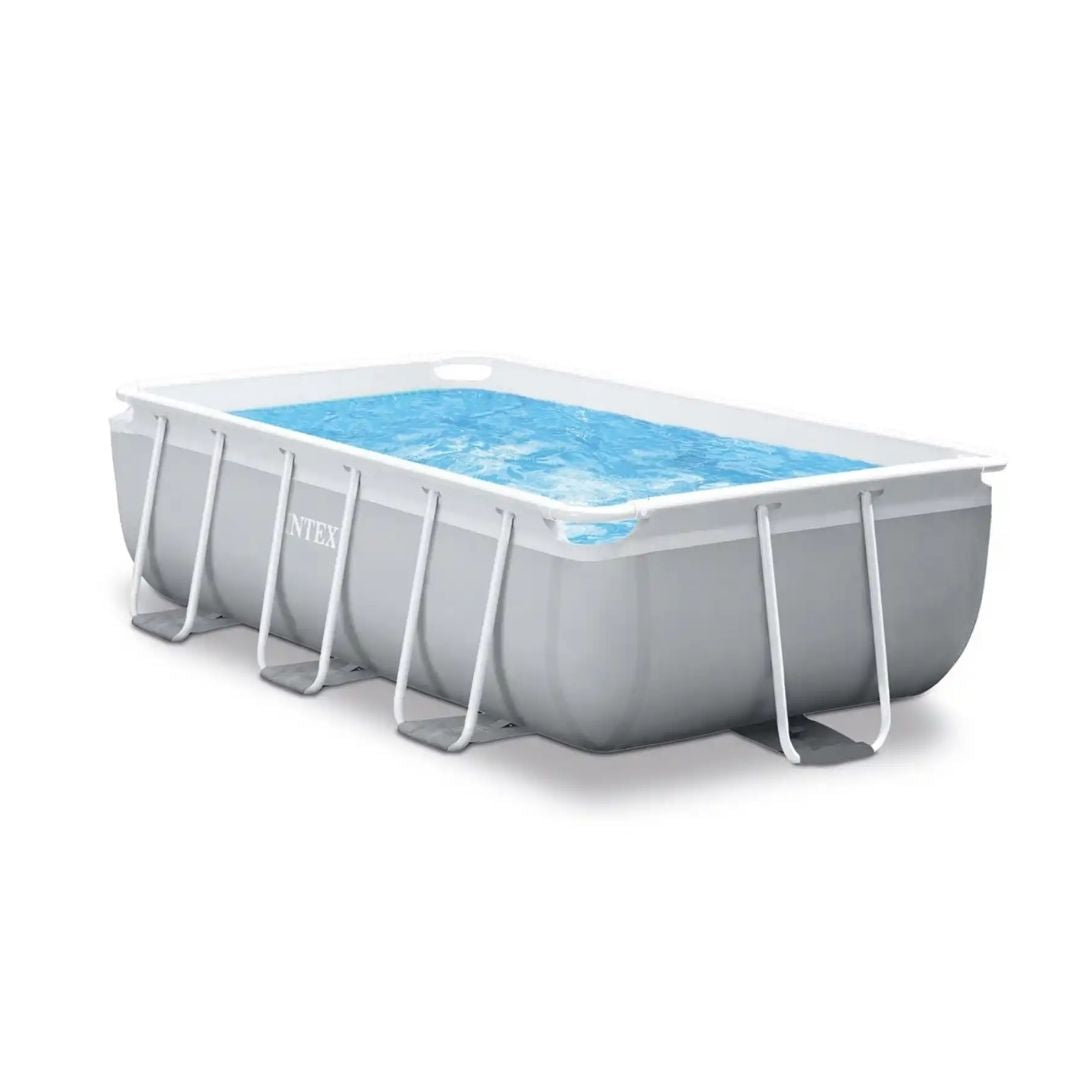 Intex Rectangular Prism Frame Pool featuring a light gray 3-ply liner and white powder-coated steel frame supports, shown with a family enjoying the water.