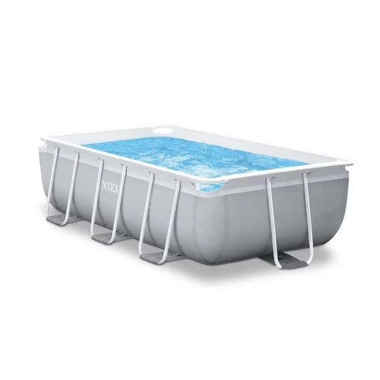 Intex Rectangular Prism Frame Pool featuring a light gray 3-ply liner and white powder-coated steel frame supports, shown with a family enjoying the water.