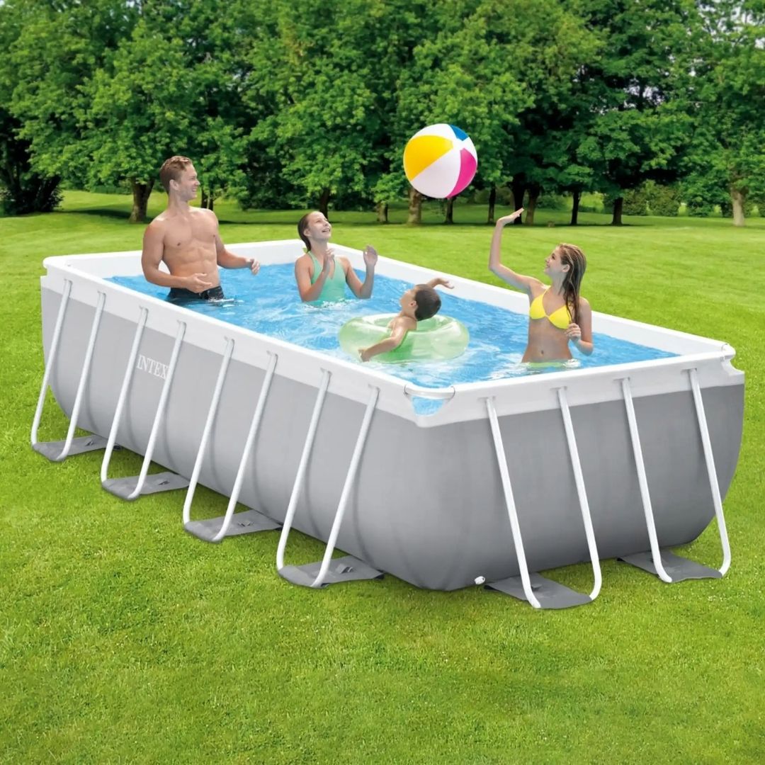 Intex Rectangular Prism Frame Pool featuring a light gray 3-ply reinforced liner and white powder-coated steel frame supports, shown in a 4-meter length.