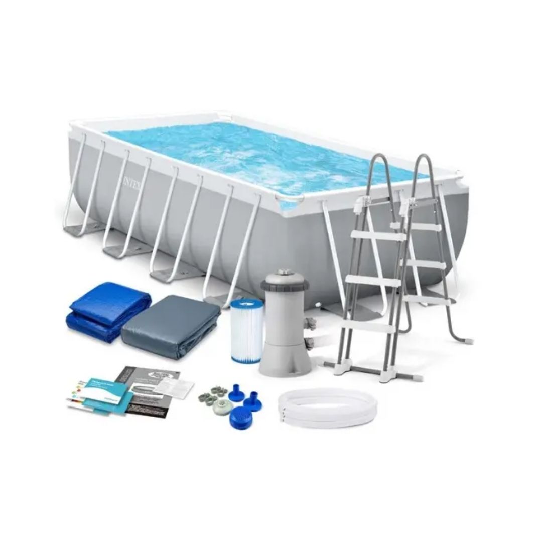 Intex Rectangular Prism Frame Pool Set featuring a light gray liner, white steel frame supports, a safety ladder, pool cover, and ground cloth.