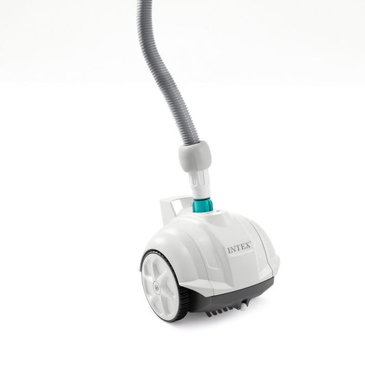 Intex Auto Pool Cleaner featuring a white and gray aerodynamic body with four wheels and a gray "manual" connection hose.