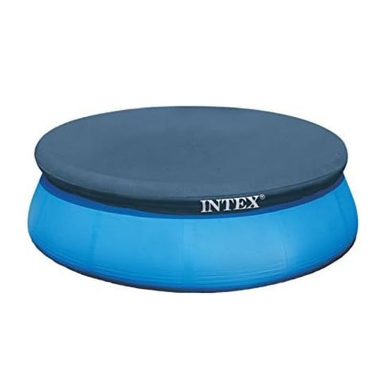 Intex Easy Set Pool Cover fitted securely over a 12-foot round above-ground pool to protect water from debris.