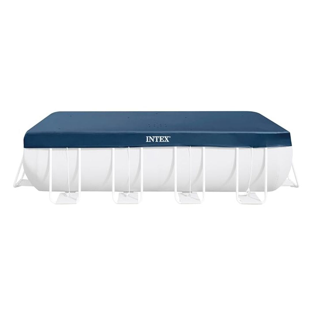 Blue Intex rectangular pool cover 4m x 2m x 1m being used on an outdoor backyard swimming pool