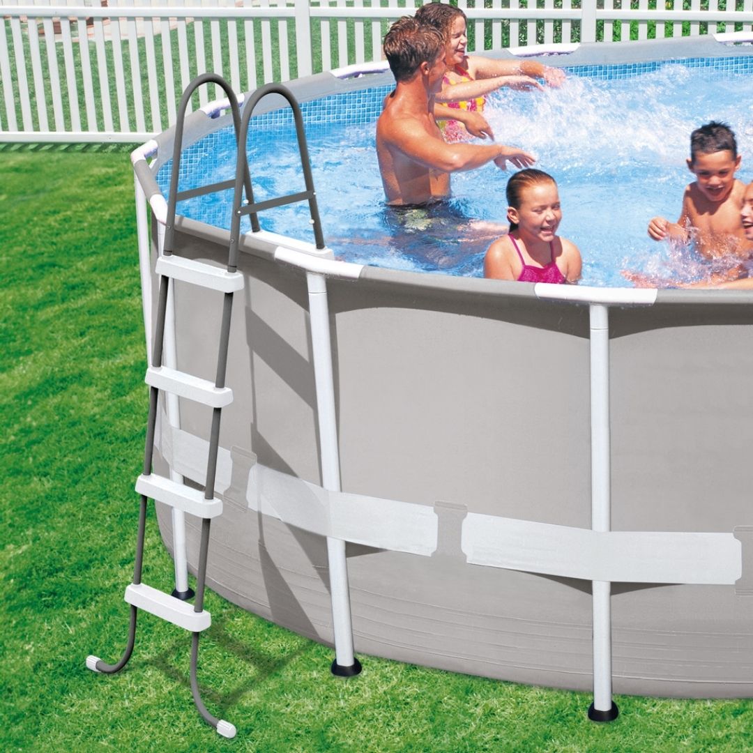 Intex above ground pool ladder featuring four non-slip steps and a sturdy A-frame design for safe "manual" entry and exit.