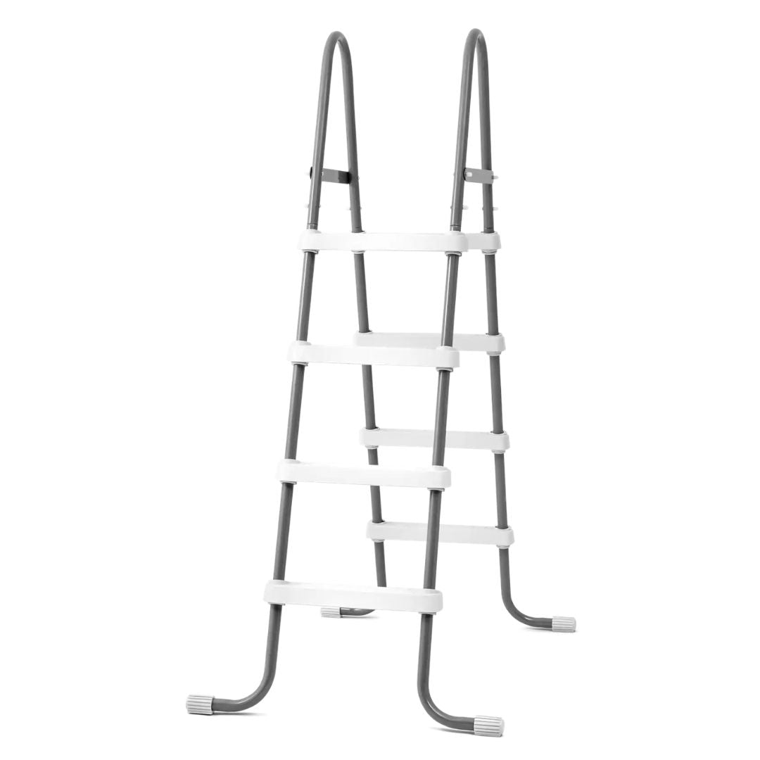 Intex above ground pool ladder featuring four non-slip steps and a sturdy A-frame design for safe "manual" entry and exit.