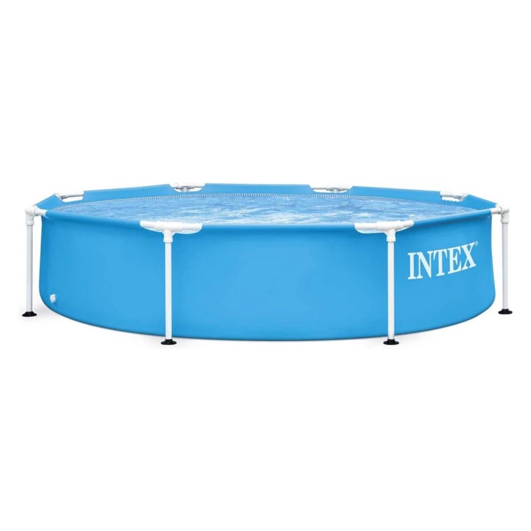 Circular blue Intex Metal Frame above ground pool measuring 8 feet in diameter with a sturdy white powder-coated steel frame.