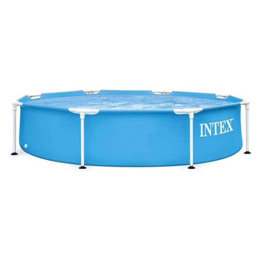 Circular blue Intex Metal Frame above ground pool measuring 8 feet in diameter with a sturdy white powder-coated steel frame.