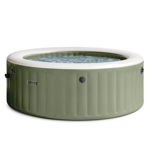 Tan-colored Intex PureSpa circular inflatable hot tub with a built-in control panel and bubble massage jets, designed for four adults.