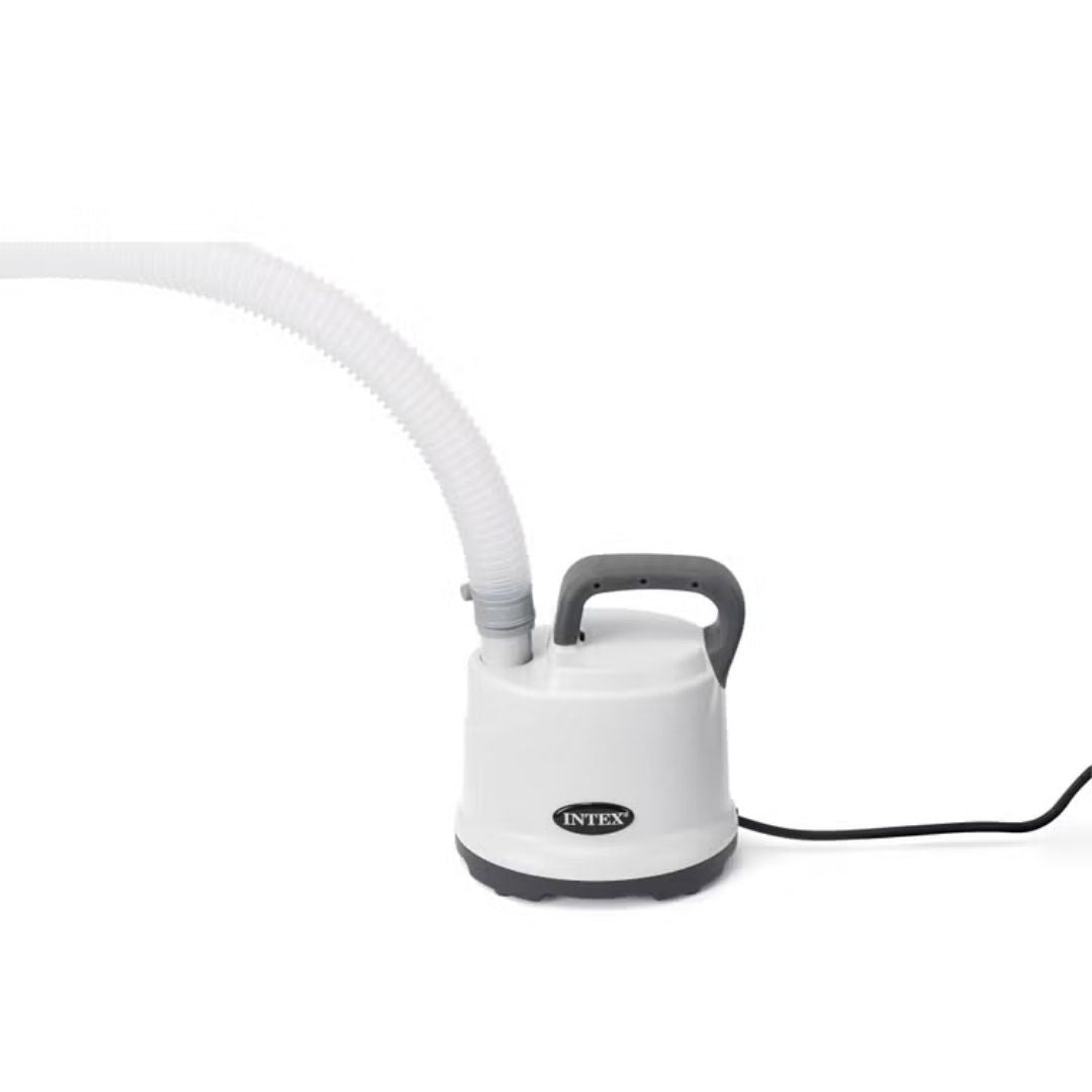 Gray and white Intex submersible pool drain pump with an attached long-reach drainage hose, designed for efficient "manual" water removal.
