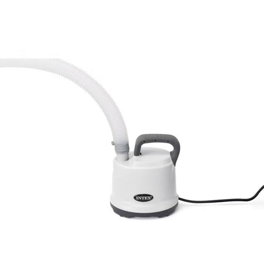 Gray and white Intex submersible pool drain pump with an attached long-reach drainage hose, designed for efficient "manual" water removal.