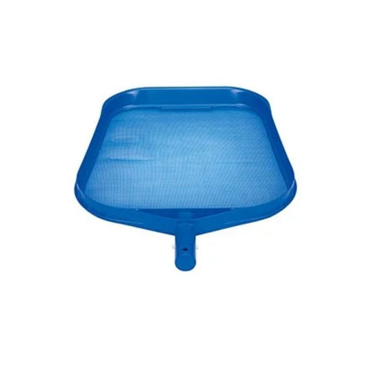 Intex blue flat-head leaf skimmer with fine mesh netting, designed to collect surface debris from swimming pools.