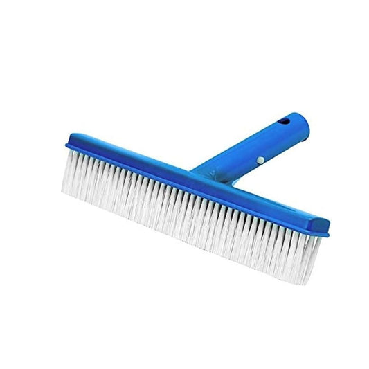 Intex 10-inch blue pool wall brush with heavy-duty white nylon bristles and a curved edge design for efficient corner cleaning.